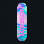 Personlig Skateboard Namn Rosa Girly Modern<br><div class="desc">Anpassa enkelt den här färgfulla skateboard på Rosa Girly Modern HoloGraph Rainbow Pastel Wave abstrakt design med svart och coola sans serif font on Unicorn estthetic med en modern och söt beröring av mejeriet. Lägg till ditt namn,  välj teckensnitt,  ändra storlek och placering,  lägg till urklipp,  foton och former.</div>