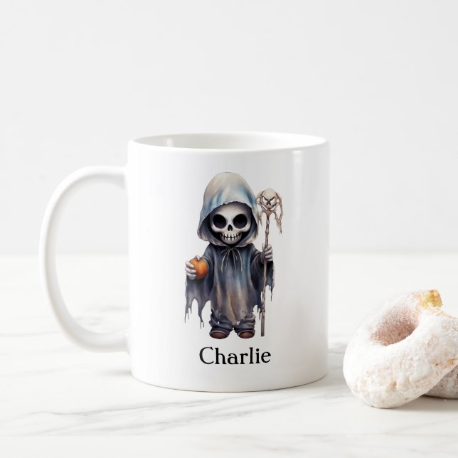 Personlig Skeleton Halloween Reaper Kaffemugg (Med munk)