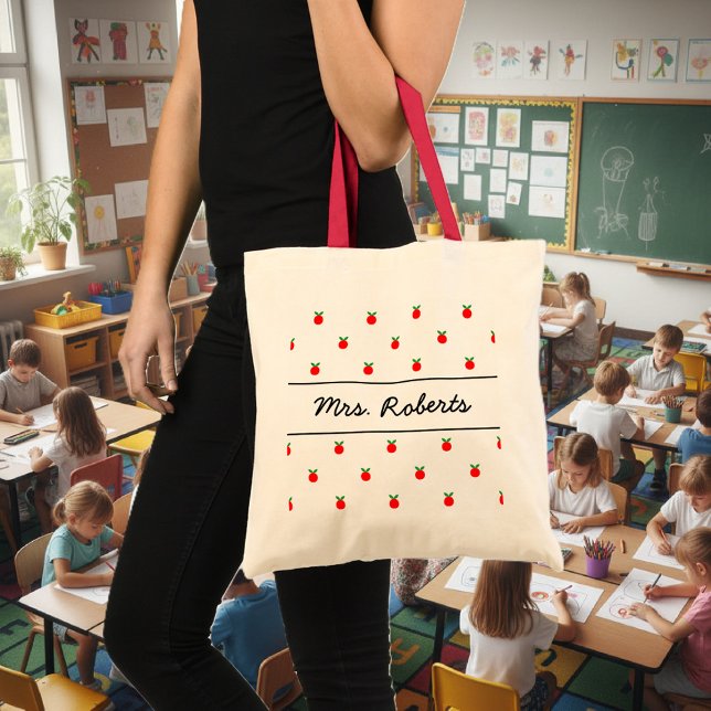 Personlig skollärare i påsen | röda äpplen tygkasse (school teacher tote bag)