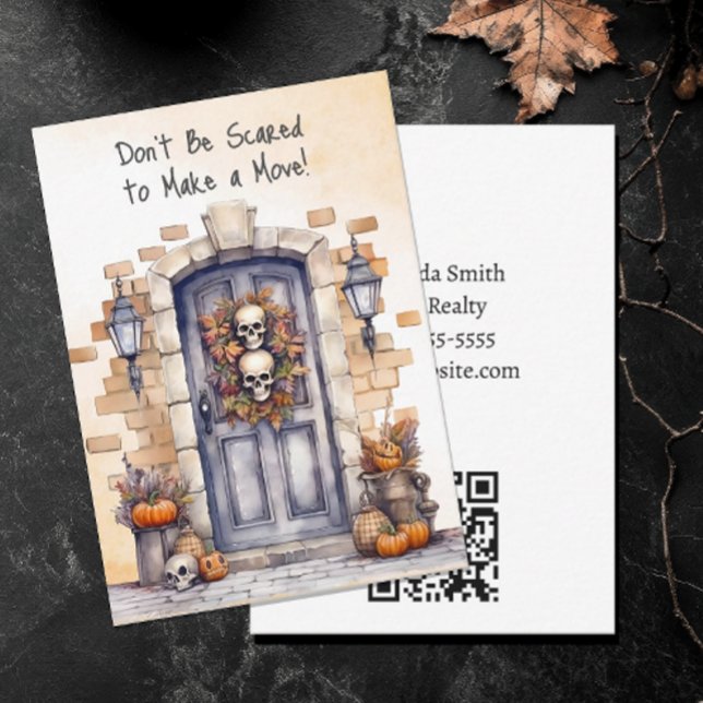 Personlig Skräms inte Gods-popup av Anteckningskort (Don't Be Scared to Make a Move Halloween Real Estate Pop By Card with QR code. Editable)