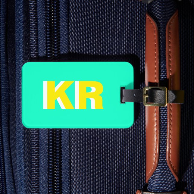 Personlig skuggmonogram i gult och teal bagagebricka (Framsida Insitu 4)