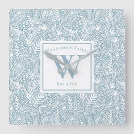 Personlig Slate Blue and White Blommigt Fyrkantig Klocka