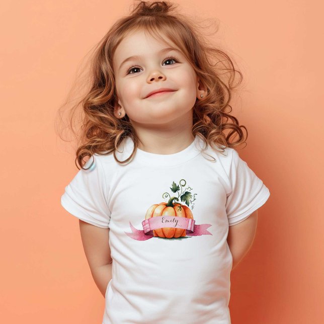 Personlig Småbarn T-Shirt Rosa Orange Pumpkin (Pumpkin t-shirt for kids personalized with your child's name by VG Invites)
