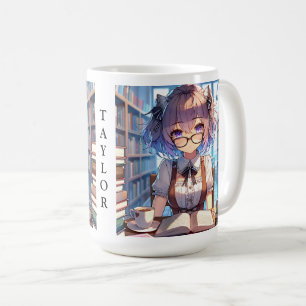 Personlig Smart Anime Girl i Bibliotek Kaffemugg