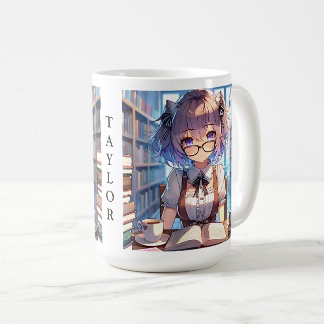 Personlig Smart Anime Girl i Bibliotek Kaffemugg (Framsida höger)