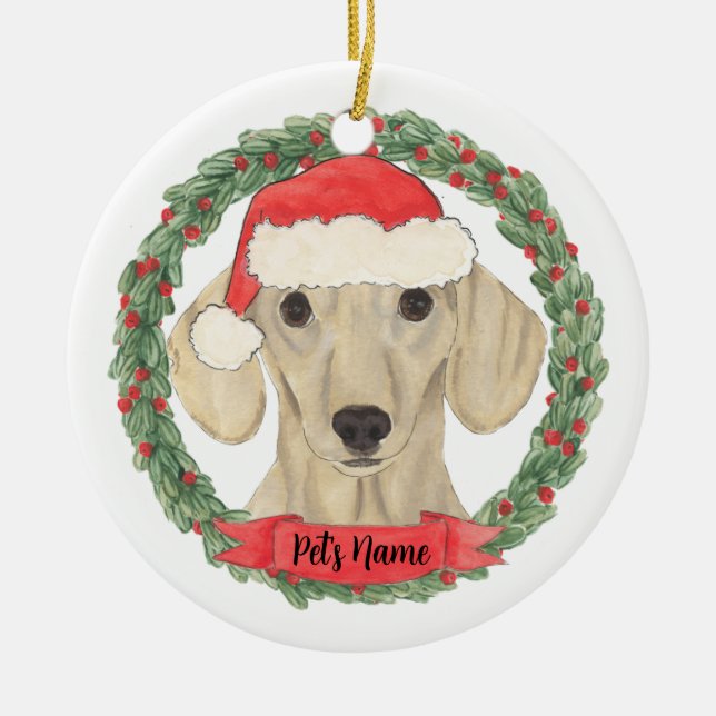 Personlig Smooth Cream Dachshund Julgransprydnad Keramik (Framsidan)