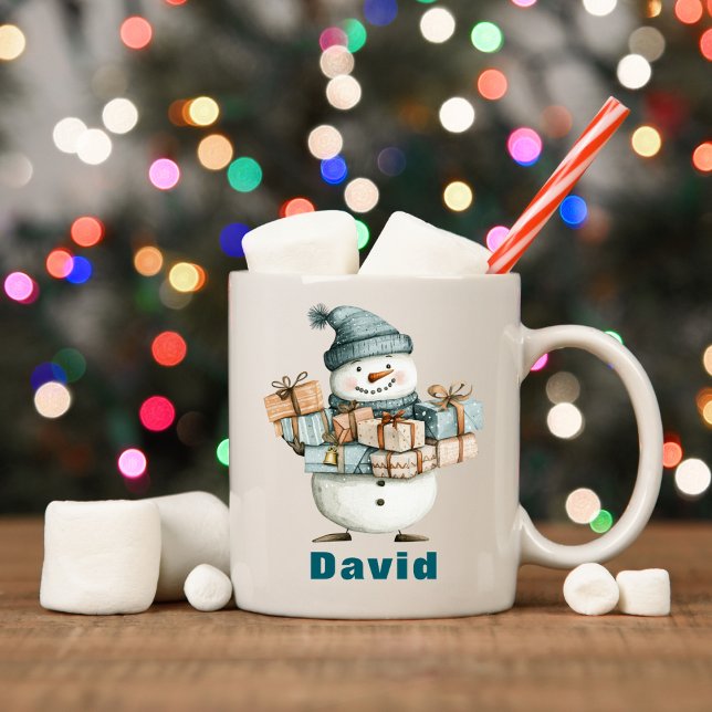 Personlig Snögubbe Holding Julklapp Kaffemugg (Personalized Snowman Holding Christmas Presents Coffee Mug
)