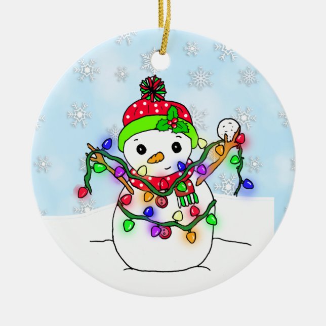 Personlig Snögubbe med Ljuset jul Julgransprydnad Keramik (Framsidan)
