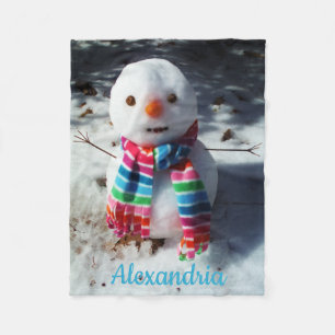 Personlig Snögubbe med Rainbow Scarf Ull Bla Fleecefilt