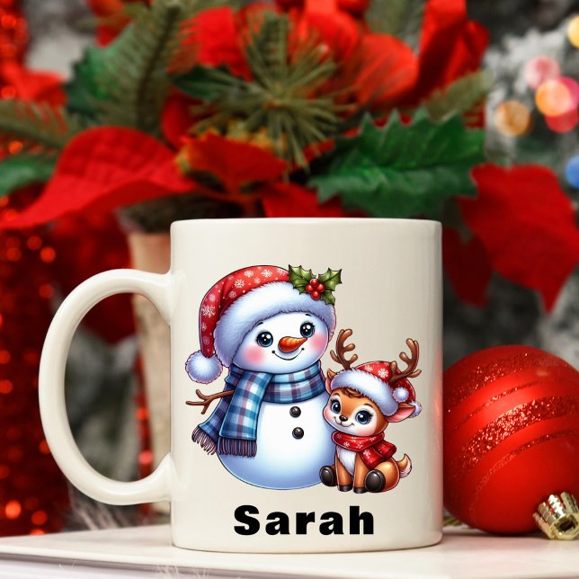 Personlig Snögubbe och renjul jul Kaffemugg (Personalized Snowman & Reindeer Christmas Coffee Mug)