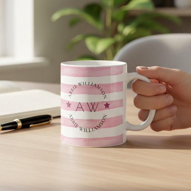 personlig snyggt monogram rosa rand kaffemugg (Skapare uppladdad)