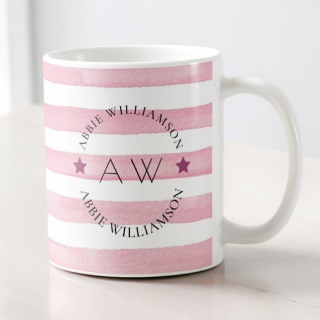 personlig snyggt monogram rosa rand kaffemugg (pink striped monogram coffee mug , amazing for gifting 
)