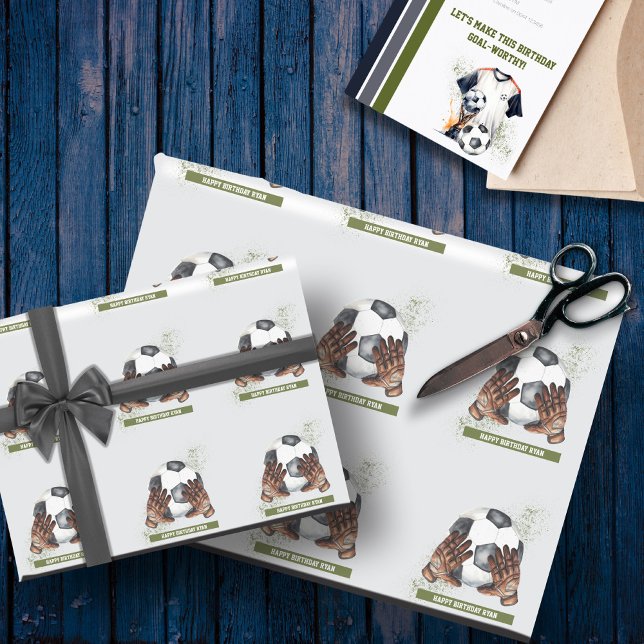 Personlig Soccer Birthday Gift för barn Presentpapper (Green Blue Soccer Birthday Party White Background)