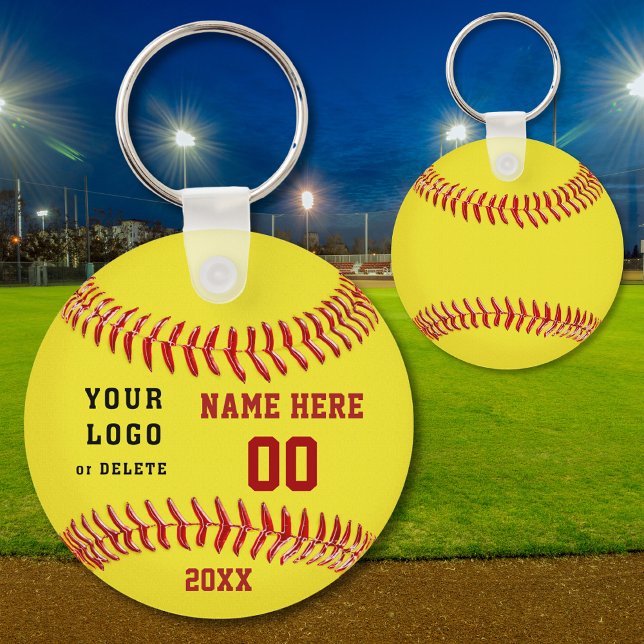 Personlig Softball Keychains (text och Logotyp) Nyckelring (Softball Party Favors, Personalized, Cheap softball gifts for players. Softball team gift ideas. Red)