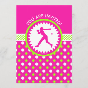 Personlig Softball Rosa - Grönt Polka-Dots Inbjudningar