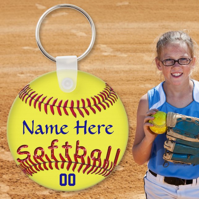 Personlig Softball Team Gift Ideas, NAMN NUMBER Nyckelring (Personalized softball gifts for players. Softball party favors or cheap softball gift ideas. Blue)