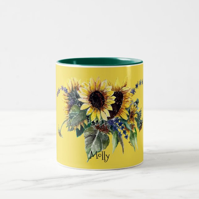 Personlig Solros Bouquet på Gult Två-Tonad Mugg (Center)