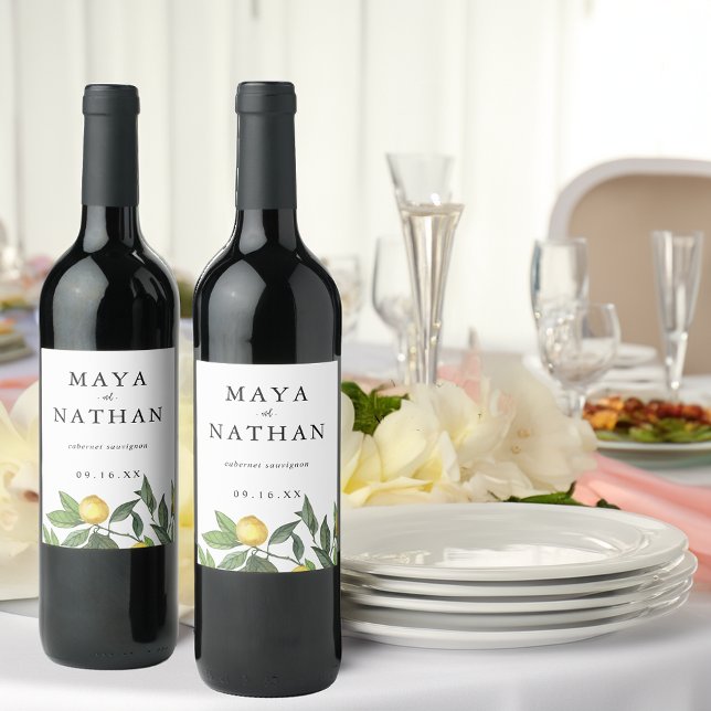 Personlig sommarbröllop med citron och grönska vinflaska etikett (Summer Lemon Greenery Personalized Wedding Wine Label)