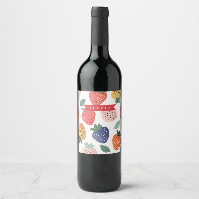 Personlig sommarfärgad jordgubbdesign vinflaska etikett (Framsida)
