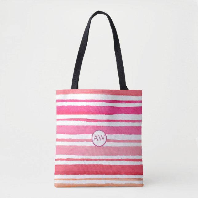Personlig sommarrosa randig monogram tygkasse (Framsida)
