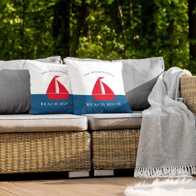 Personlig Sommarstrandhus Kudde (personalized nautical red white and blue maritime throw pillow , ideal for family vacation home.)