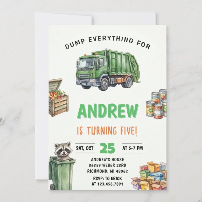 Personlig sopbils-födelsedagsfest för barn inbjudningar (Framsida)
