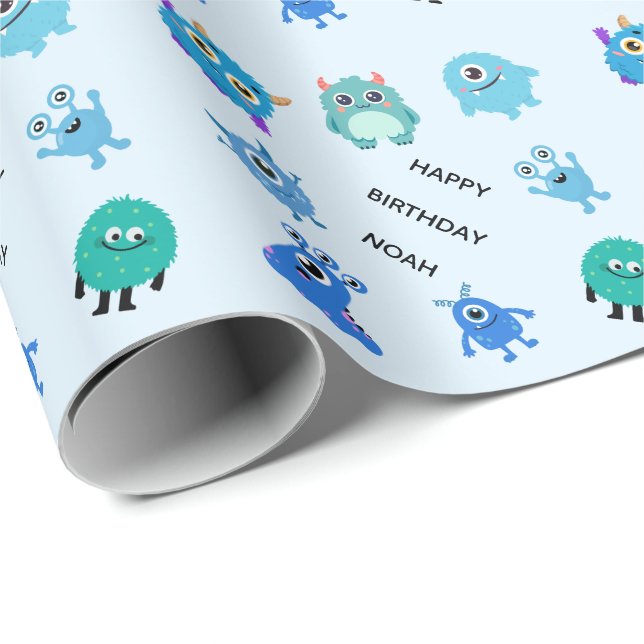 Personlig söß blå pojk monster födelsedag presentpapper (Rullad Hörn)