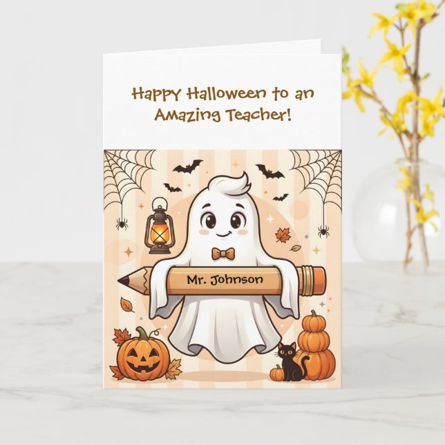 Personlig söß Halloween-spöke Lärarhälsning Kort (Gul blomma)