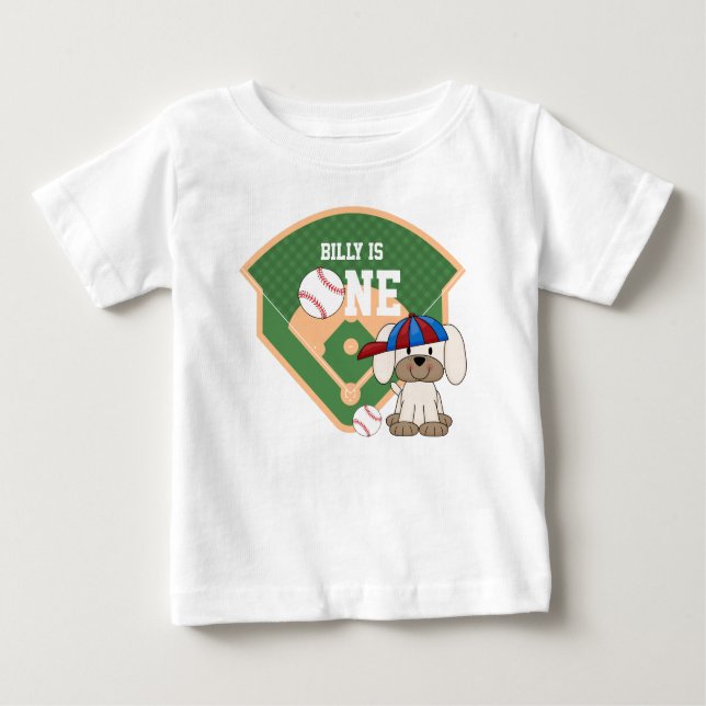 Personlig söt baseboll-valp 1-års födelsedag t shirt (Framsida)