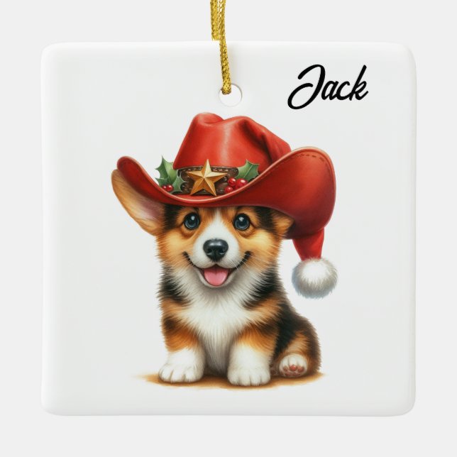 Personlig söt Corgi Cowboy Tomtehatt Jul Julgransprydnad Keramik (Framsida)