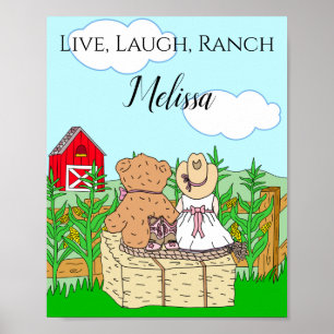 Personlig söt cowgirl och teddybjörn på ranch poster