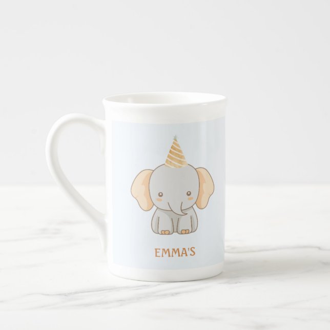 Personlig söt elefant barnnamn benporslin mugg (Vänster)