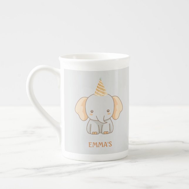 Personlig söt elefant barnnamn benporslin mugg (Vänster)
