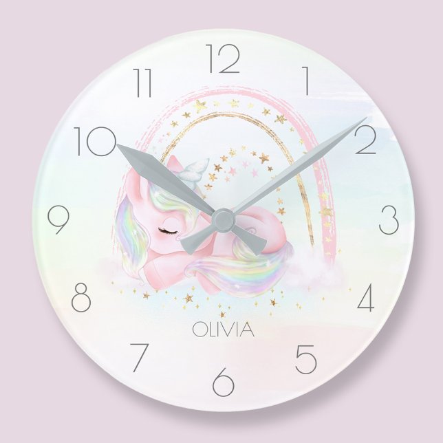 Personlig söt enmajsflicka regnbåge klockan rund klocka (Personalized cute unicorn girl rainbow round clock)