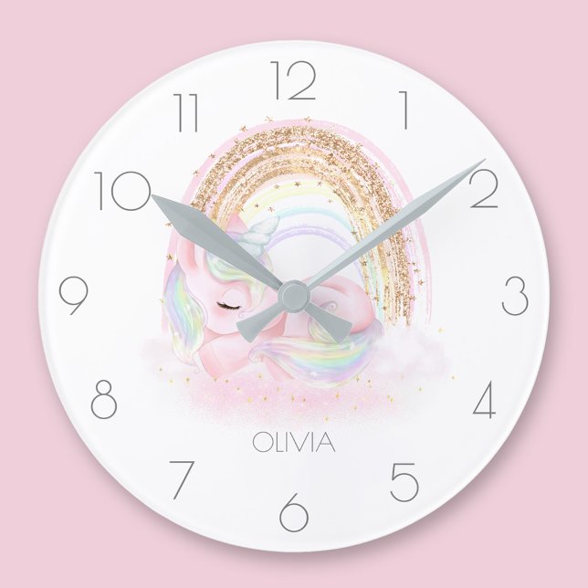 Personlig söt enmajsflicka regnbåge klockan rund klocka (Personalized cute unicorn girl rainbow round clock)