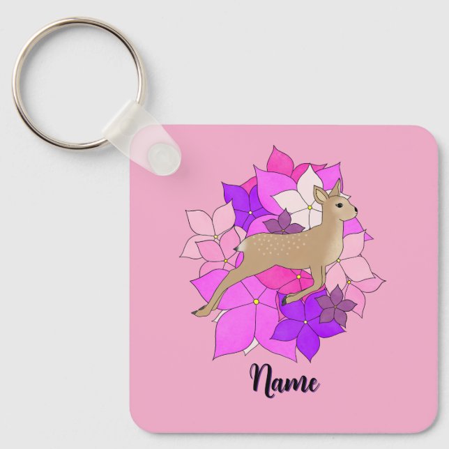 Personlig Söt Fawn och Blommor Rosa Nyckelring (Framsida)