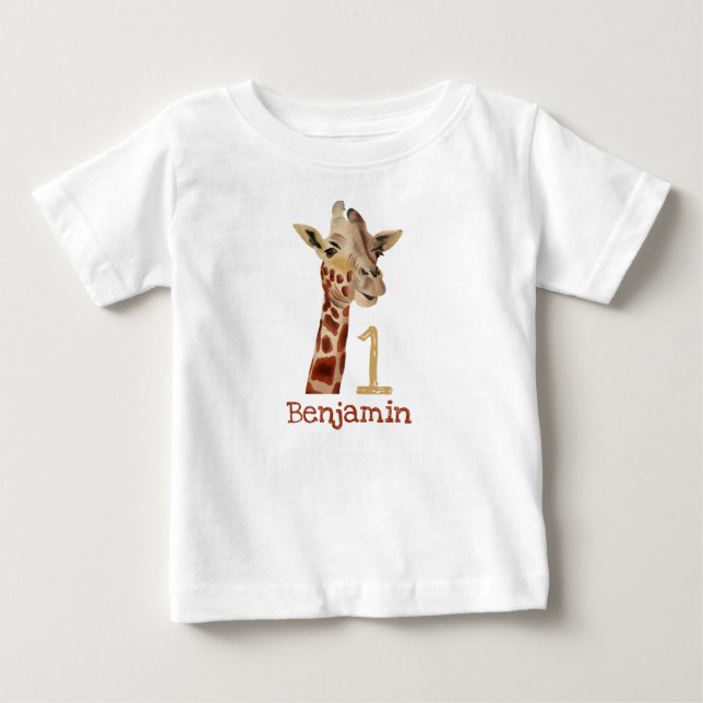 Personlig söt giraff Första födelsedagsnamn T Shirt (Framsida)