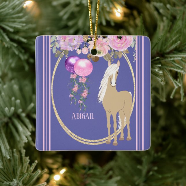 Personlig Söt Horse Rosa och Periwinkle Julgransprydnad Keramik (Träd)