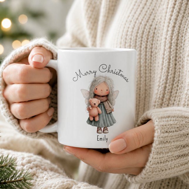 Personlig söt julflicka och teddy   kaffemugg (Skapare uppladdad)