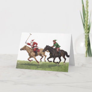 Personlig söt jultomte som spelar hästpolo kort