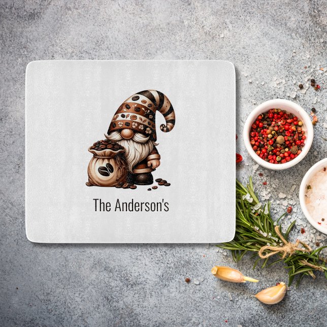 Personlig söt kaffetomte Brun vit present (Coffee Gnome Personalized Kitchen Cutting board. Bridal Shower gift, Housewarming gift)