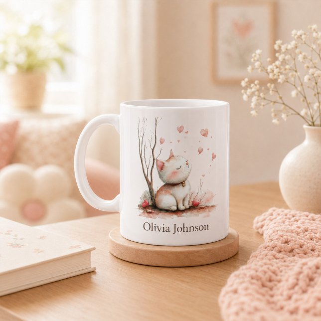 Personlig söt kattunge med hjärtan kaffemugg (Personalized Cute Kitten with Hearts Coffee Mug)