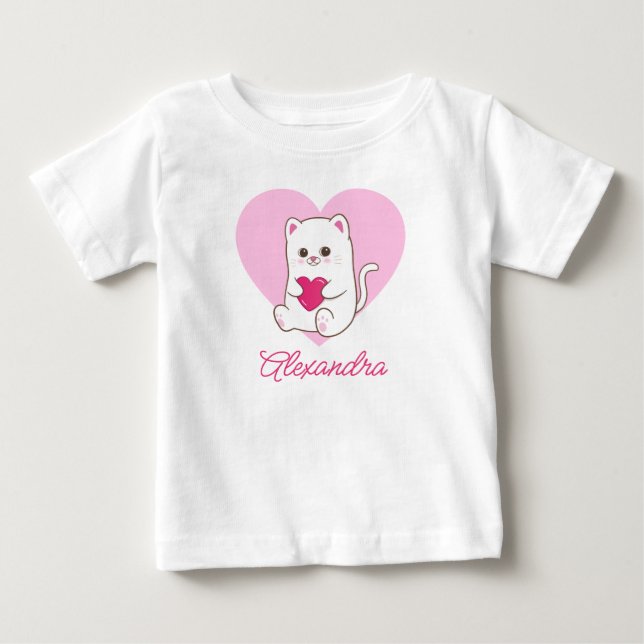 Personlig Söt Kawaii Rosa Hjärtat Katt Namn T Shirt (Framsida)