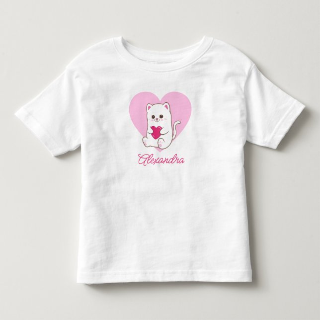 Personlig Söt Kawaii Rosa Hjärtkatt Namn T Shirt (Framsida)