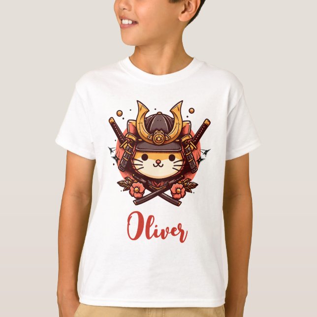 Personlig söt Kawaii Samuraj Katt  T Shirt (Framsida)
