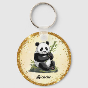 Personlig söt Panda Björn Grönska Bambu Guld Nyckelring