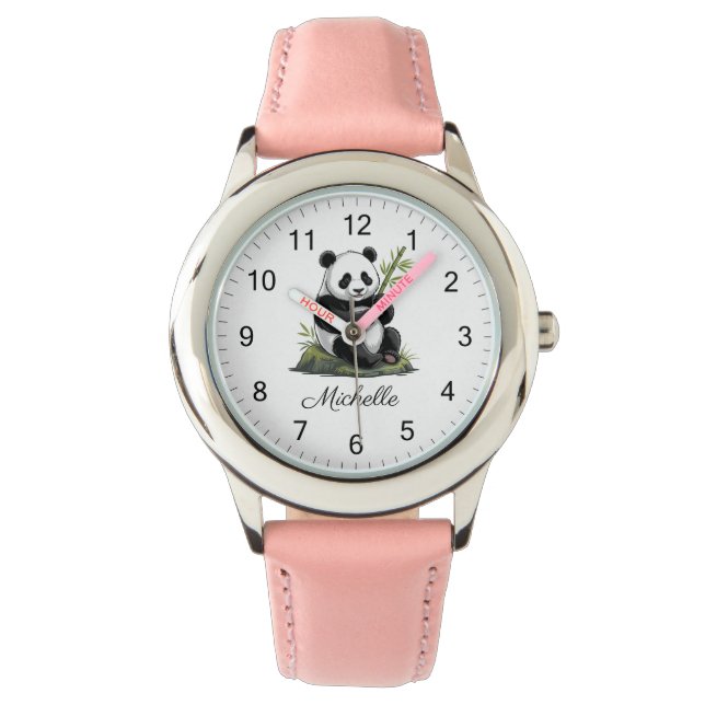 Personlig Söt Panda Björn Med Grönska Bambu Armbandsur (Framsida)