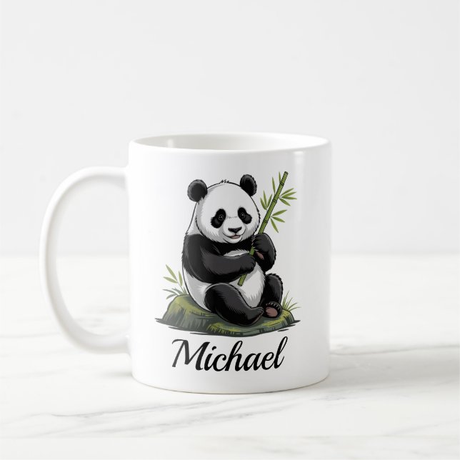 Personlig Söt Panda Björn Med Grönska Bambu Kaffemugg (Vänster)