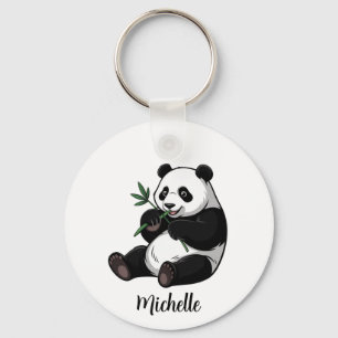 Personlig Söt Panda Björn Med Grönska Bambu Nyckelring