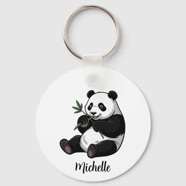 Personlig Söt Panda Björn Med Grönska Bambu  Nyckelring (Framsida)